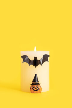蝙蝠南瓜蜡烛万圣节黄色背景