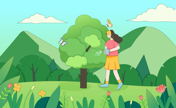 春天植樹節(jié)栽樹的女孩人物插畫