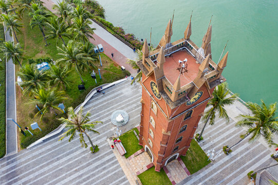 航拍海南海口钟楼海甸溪畔建筑