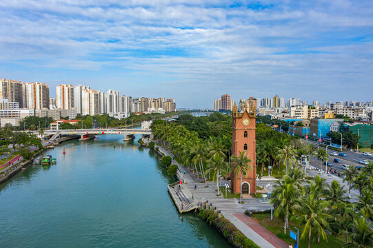 航拍海南海口钟楼海甸溪畔建筑