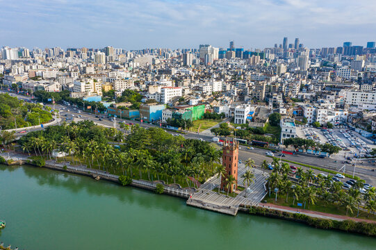 航拍海南海口钟楼海甸溪畔建筑