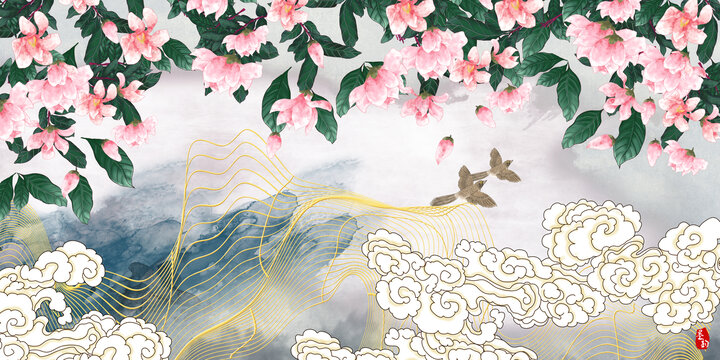 中式水彩玉蘭花祥云