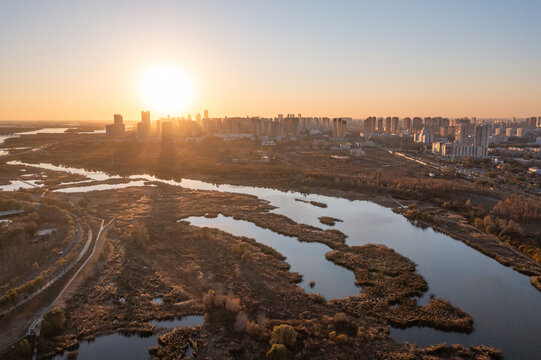 哈尔滨日落夕阳城市城市风光