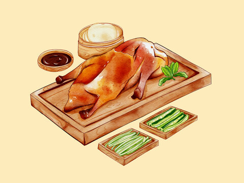 烤鸭水彩美食插画