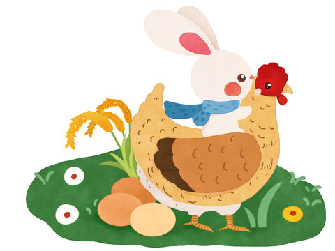 卡通动物兔子和母鸡