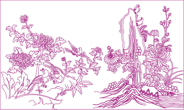 假山菊花飛鳥(niǎo)圖