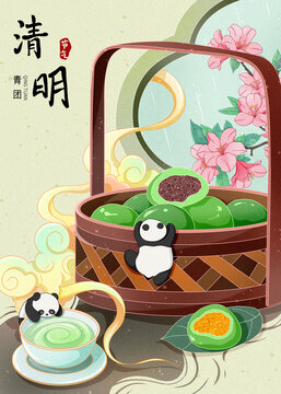 二十四節(jié)氣國潮熊貓和美食清明