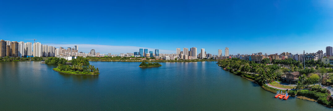 航拍海口红城湖公园城市湿地湖