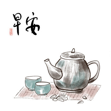 茶壶茶杯写意水墨画