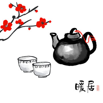 茶壶茶杯写意水墨画