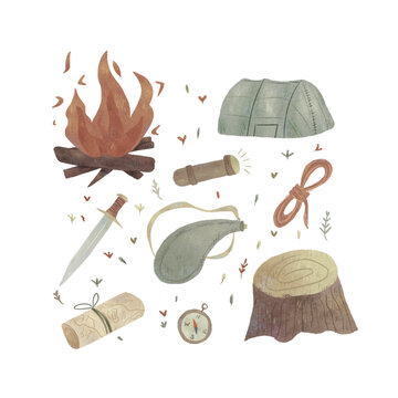 復(fù)古森林叢林探險小物件插畫