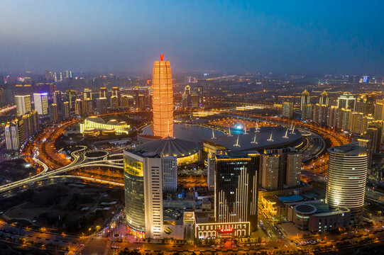 航拍郑州大玉米高楼夜晚景观灯