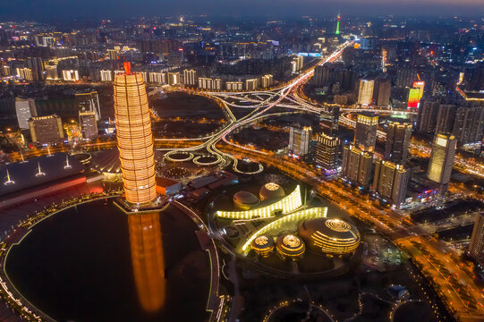 航拍郑州千玺广场大玉米楼夜景