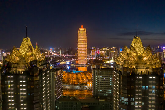 航拍郑州千玺广场大玉米楼夜景