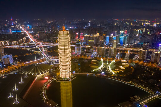 航拍郑州千玺广场大玉米楼夜景