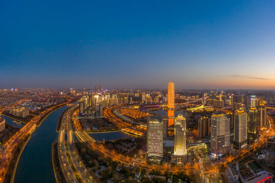 航拍郑州千玺广场大玉米楼夜景