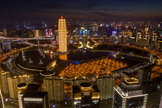 航拍郑州千玺广场大玉米楼夜景