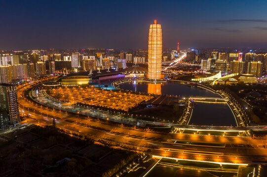 航拍郑州千玺广场大玉米楼夜景