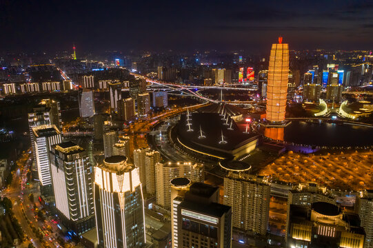 航拍郑州千玺广场大玉米楼夜景