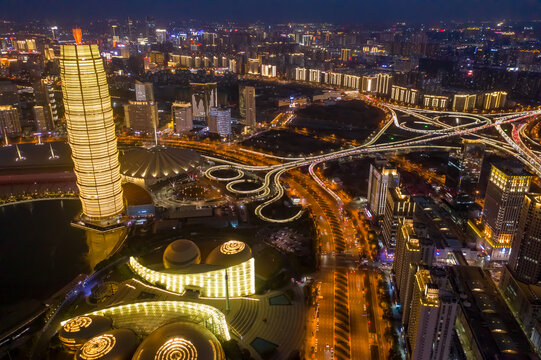 航拍郑州千玺广场大玉米楼夜景