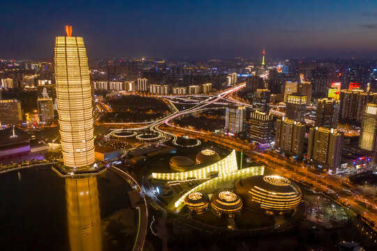 航拍郑州千玺广场大玉米楼夜景