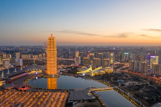 航拍郑州千玺广场大玉米楼夜景