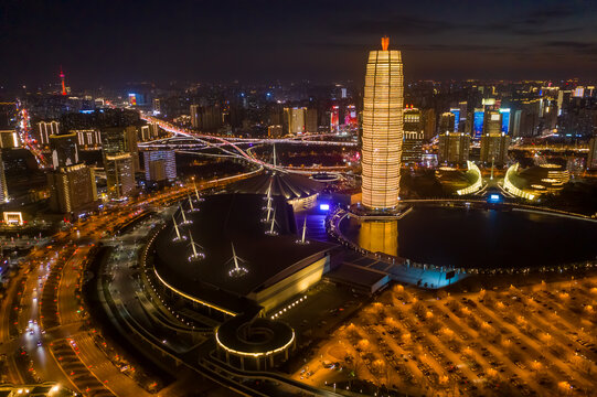 航拍郑州千玺广场大玉米楼夜景