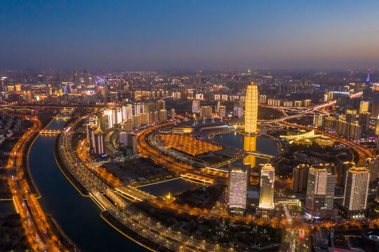 航拍郑州千玺广场大玉米楼夜景