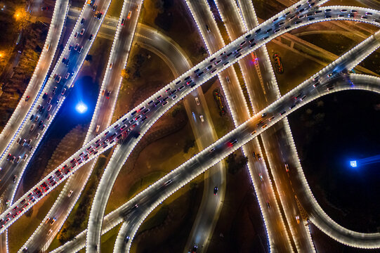 航拍郑州立交桥城市高架桥夜景