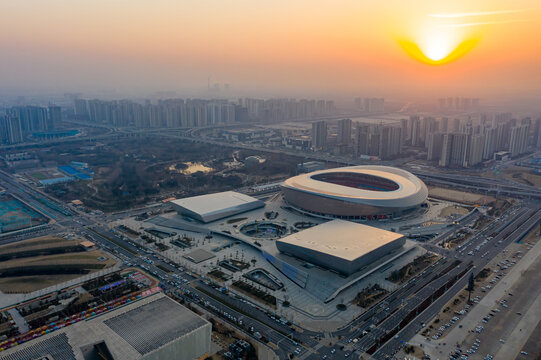 航拍郑州奥体中心体育场夕阳