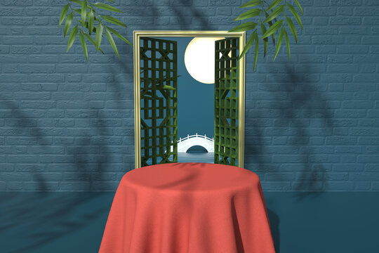 3D渲染国潮拱桥桌子背景