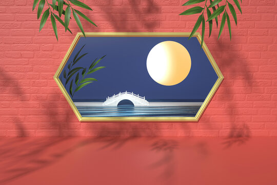 3D渲染國(guó)潮滿月園林背景