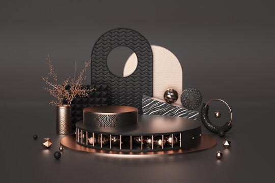3D渲染的輕奢黑金展臺背景
