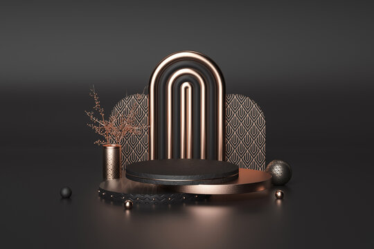 3D渲染的奢華黑金展臺(tái)背景