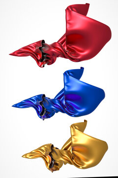 3D渲染红黄蓝飞舞丝绸布料