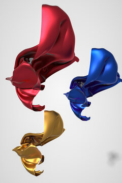 3D渲染的紅黃藍飛舞絲綢