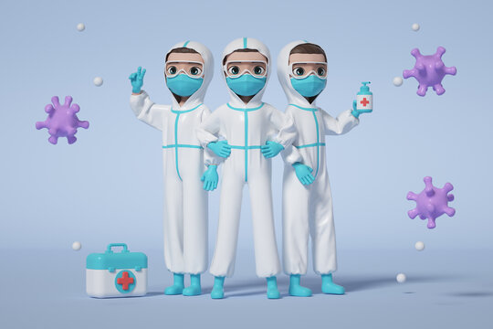 3D渲染三人组卫生防疫人员
