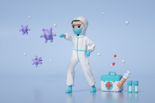 3D渲染的拳打病毒的防疫人员