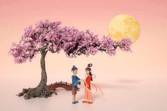 3D渲染的牛郎织女桂花树下