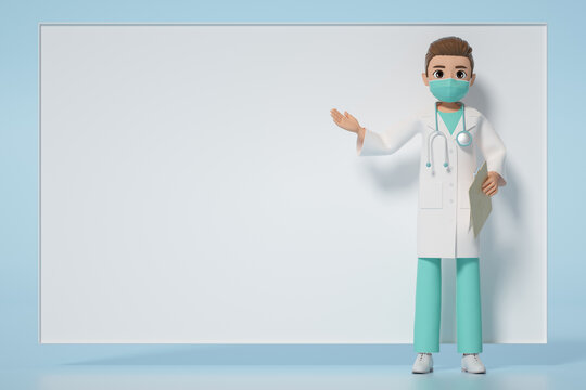 3D渲染的医生站在白板旁