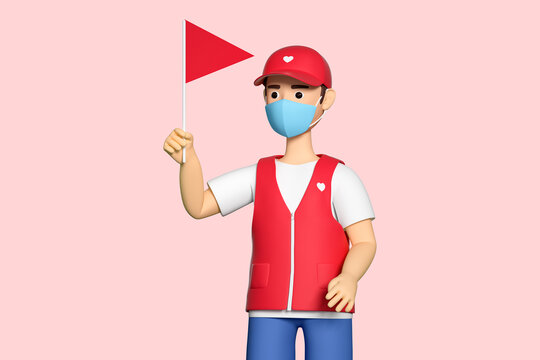 3D渲染舉小旗的卡通志愿者