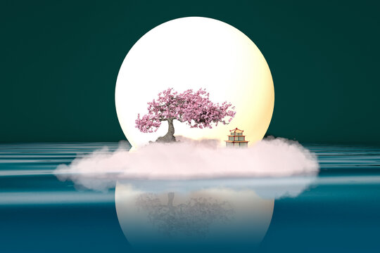 3D渲染中秋节满月仙湖背景