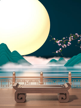 3D中秋节宫殿满月展台背景
