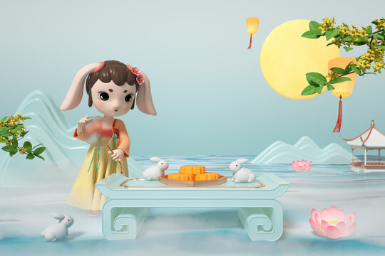 中秋节月兔月宫3D背景