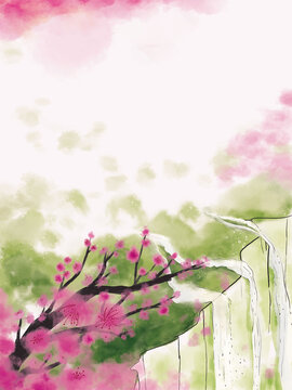 手繪山水桃花