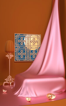 3D粉色国潮丝绸展台背景