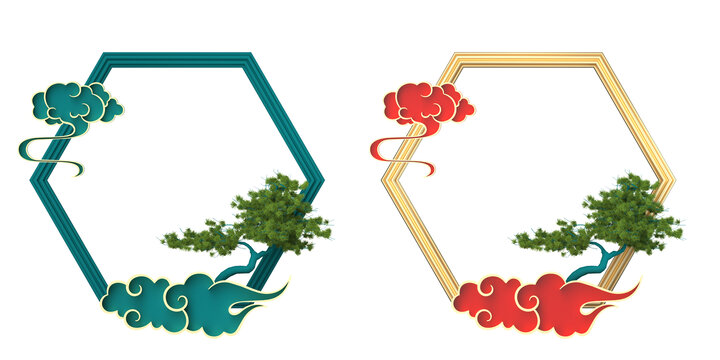 3D渲染祥云国潮六边形边框