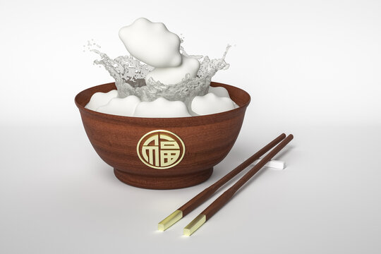 3D渲染的饺子碗和筷子