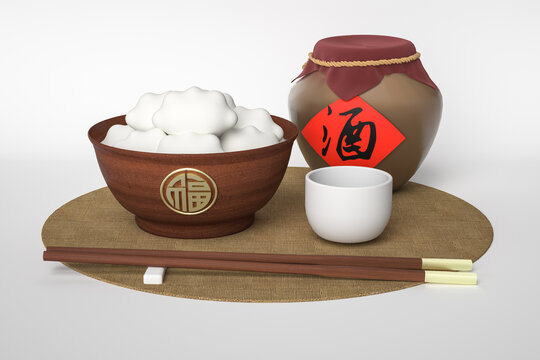 3D渲染餃子和酒