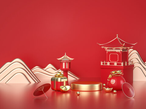 3D渲染的國(guó)潮展臺(tái)背景